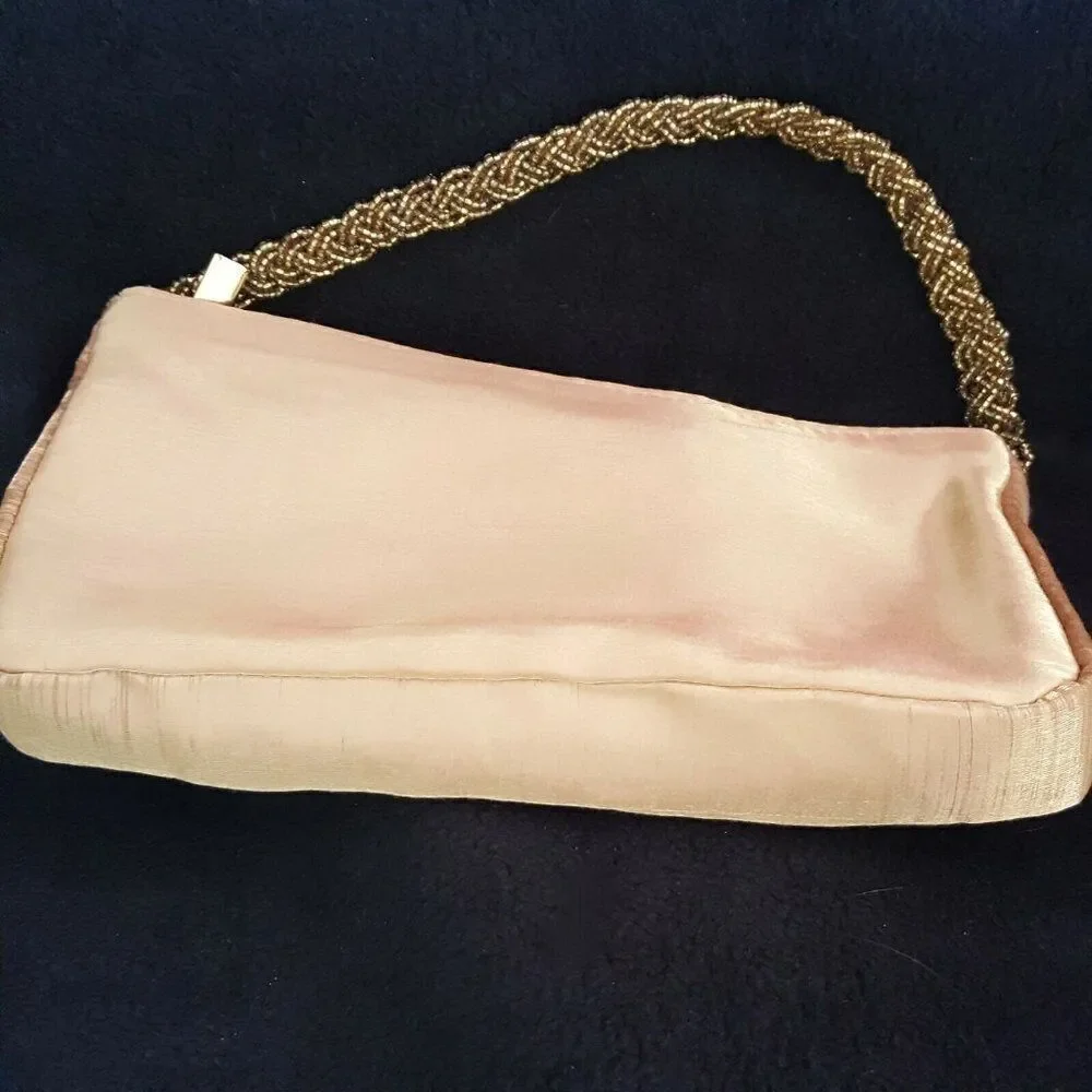 Vintage Jessica McClintock Womens Purse Gold Sateen Formal Clutch Bead Handle